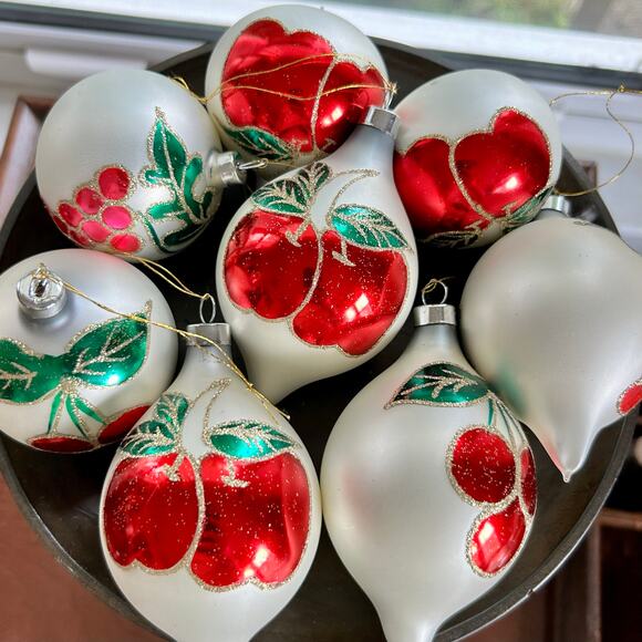 Vintage Blown Glass Ball Ornaments with Glittered Fruit Design - Set of 8 - Picture 9 of 13